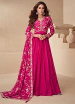 Chinnon Silk Hot Pink Wedding Wear Embroidery Work Readymade Gown With Dupatta